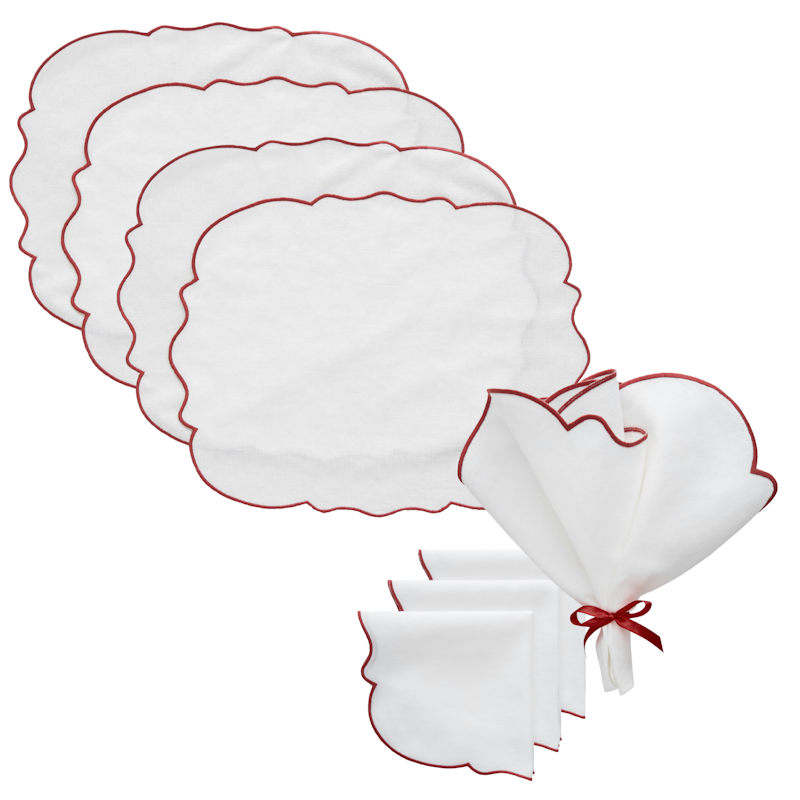 Gia Tekstiilisarja 4 Tablettia + 4 Servettiä, Valkoinen / Burgundinpunainen