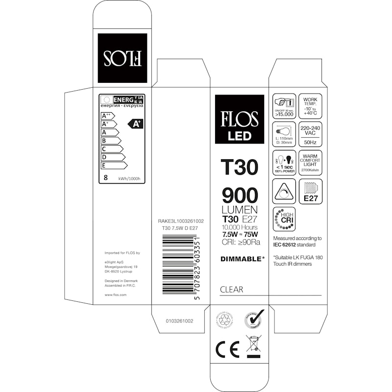 RAKE3L1003261002 LED E27 T30 7.5W 900lm Proxima 2700K Dimmable