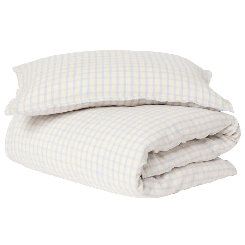 Gingham Sky Blue Muslin Vuodevaatteet Nuorten, 100x130 + 35x55 cm