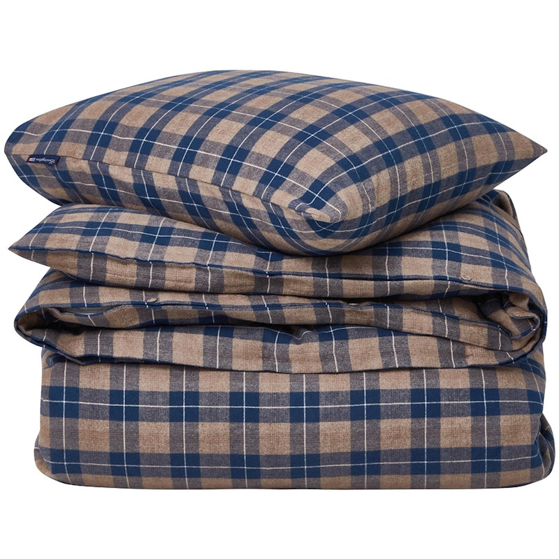 Checked Cotton Flannel Vuodevaatteet 150x210/50x60 cm, Denim Blue/Beiget