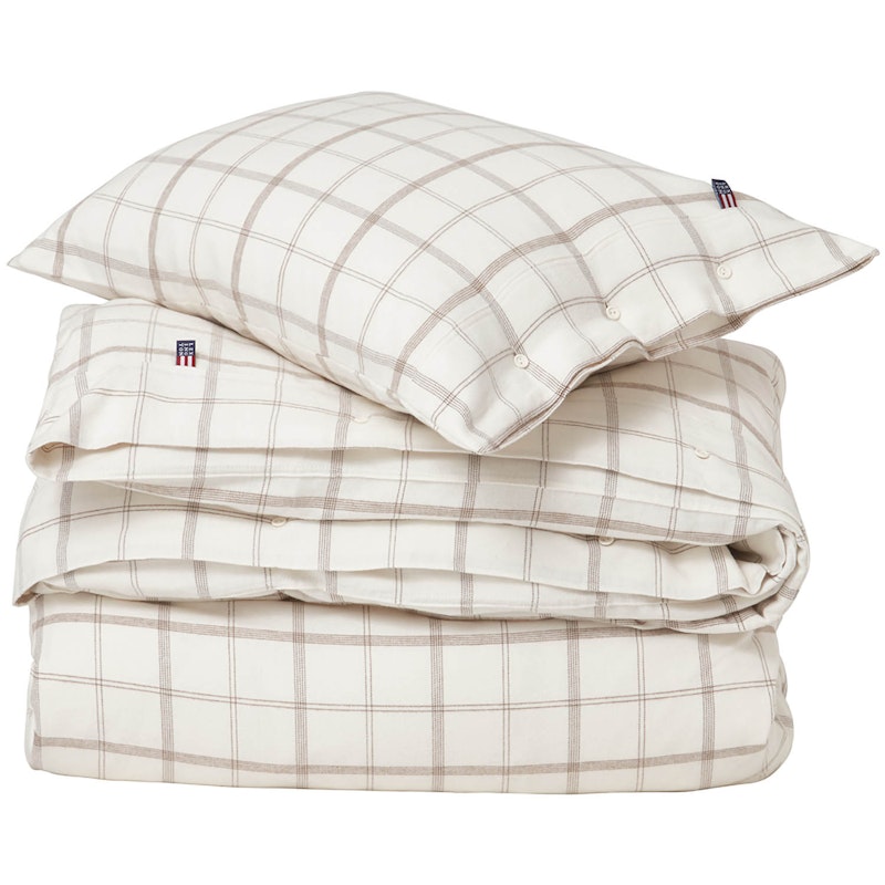 Checked Cotton Flannel Vuodevaatteet 220x220/50x60 cm, Valkoiset/Ruskeat