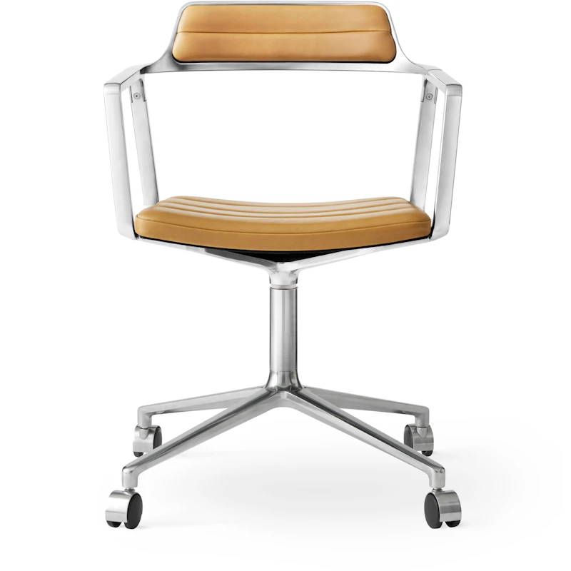 452 Työtuoli Renkailla, Kiiltävä Alumiini /  kamelinvärinen Nahka